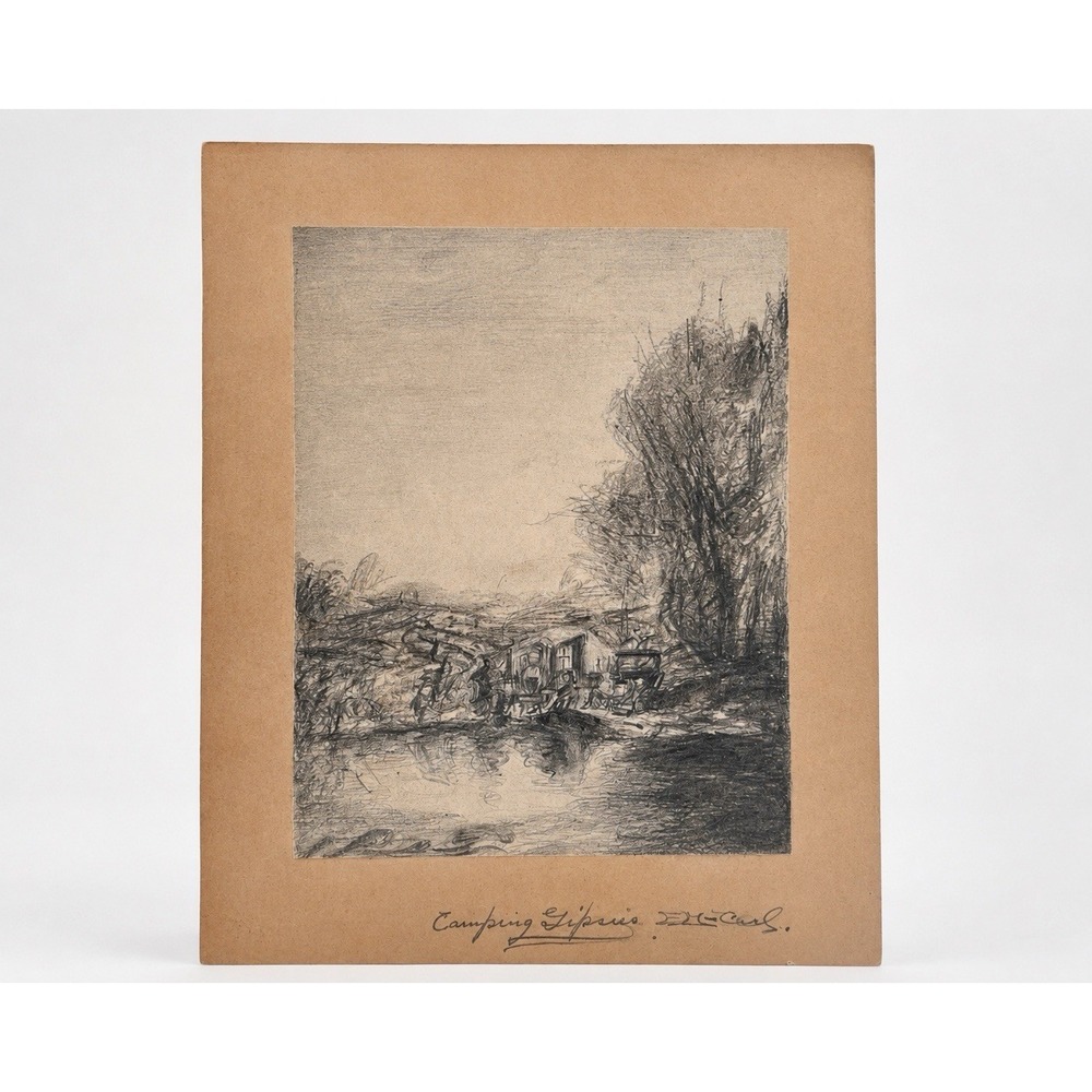 Antique Original Drawing "Camping Gipsies" Signed Gypsy Caravan River Landscape